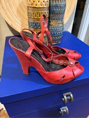 Nine West Red Peep-Toe Slingback Heels with Decorative Studs